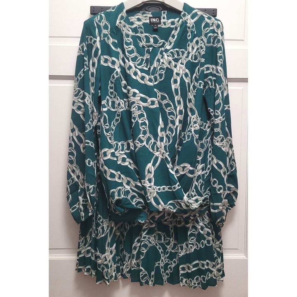 I.N.C. Women's Green Polyester Chain Link Pleated Skirt & Blouse Set - Medium